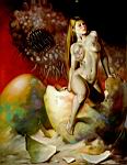 Boris Vallejo - Femme nue sortant de l'oeuf et monstre